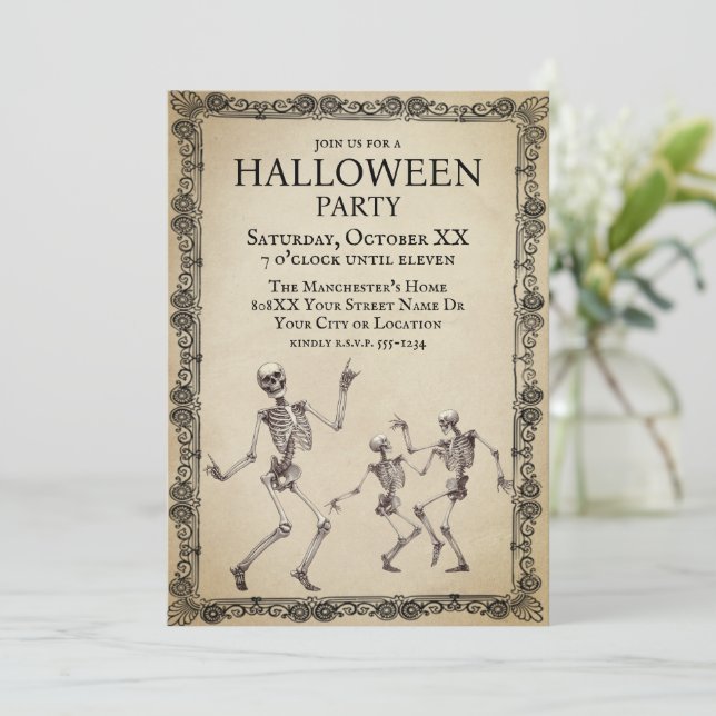Funny Skeletons Dancing Vintage Halloween Party Invitation (Standing Front)