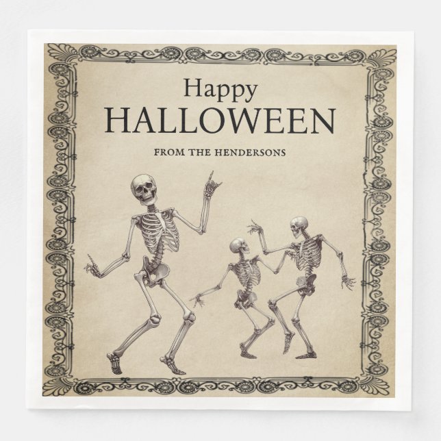 Funny Skeletons Dancing Vintage Halloween Party Napkin (Front)
