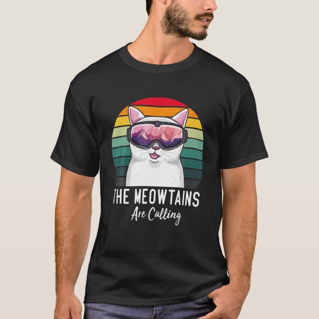 Funny Ski Cat Lovers The Meowtains Are Calling Ret T-Shirt (Front)