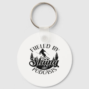 Funny Skier Joke Fueled By Skiing And Podcasts Pun Keychain