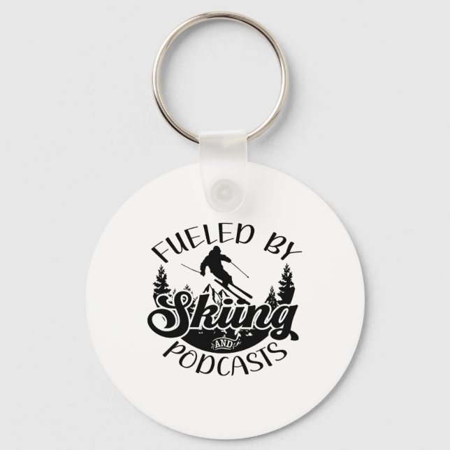 Funny Skier Joke Fuelled By Skiing And Podcasts Pu Keychain (Front)
