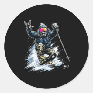 Funny Skiing Bigfoot Ski Winter Sport Snowboarder Classic Round Sticker