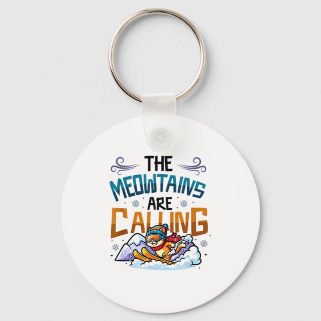 Funny skiing cat the meowtains are calling keychain (Front)