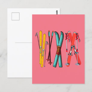 Funny Skiing Colourful Ski Skier  Postcard