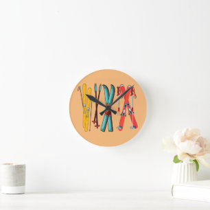 Funny Skiing Colourful Ski Skier  Round Clock