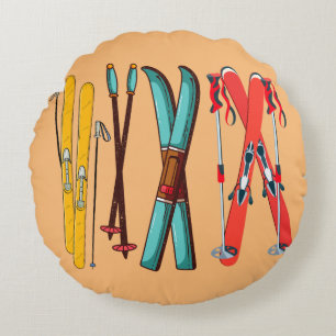 Funny Skiing Colourful Ski Skier  Round Pillow