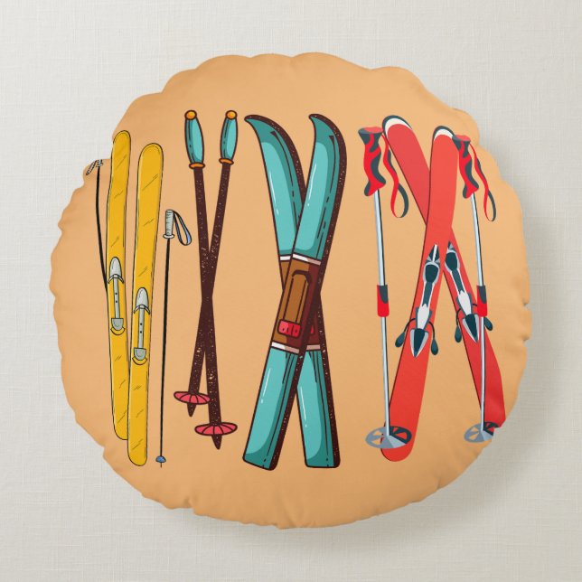 Funny Skiing Colourful Ski Skier  Round Pillow (Front)