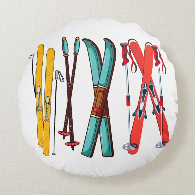 Funny Skiing Colourful Ski Skier  Round Pillow (Front)