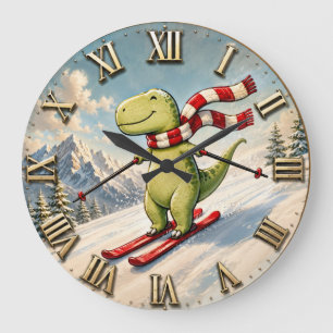 Funny Skiing Dinosaur Cute Winter T-Rex Ski  Large Clock