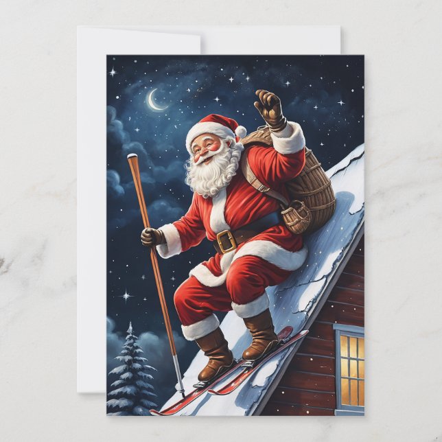 Funny Skiing Red Christmas Santa Claus  Holiday Card (Front)