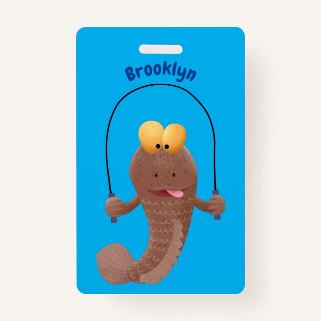Funny skipping mudskipper fish cartoon badge (Front)