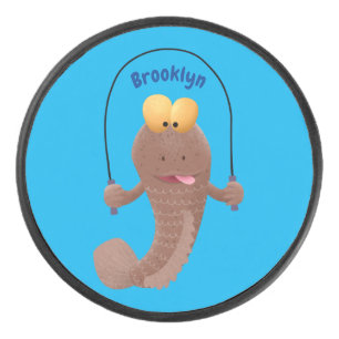 Funny skipping mudskipper fish cartoon hockey puck