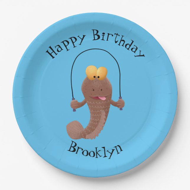Funny skipping mudskipper fish cartoon paper plate (Front)
