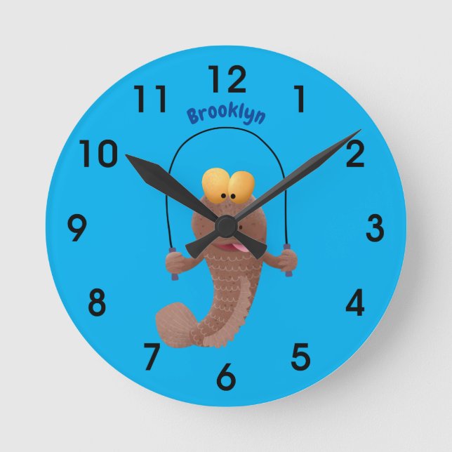 Funny skipping mudskipper fish cartoon round clock (Front)
