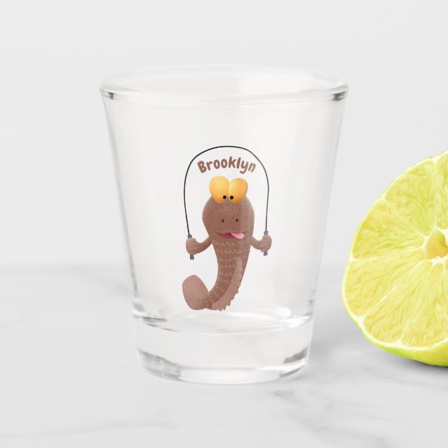 Funny skipping mudskipper fish cartoon shot glass (Front)