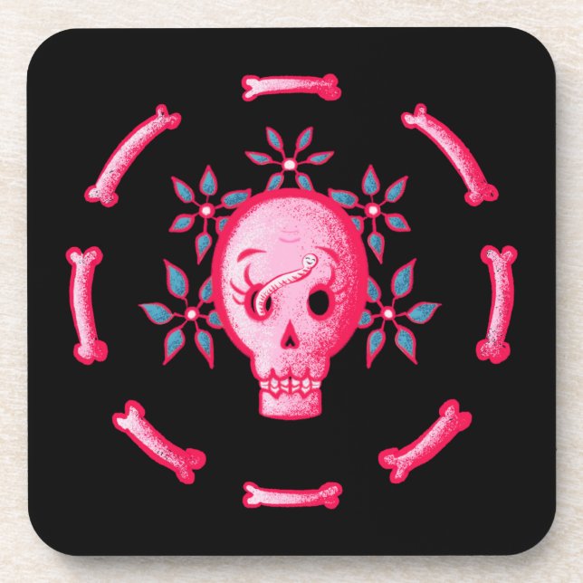 Funny Skull Design - Pink Skull with Happy Worm Coaster (Front)