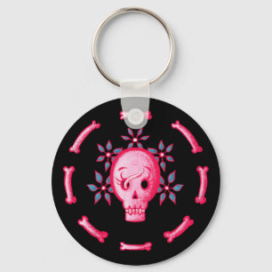 Funny Skull Design - Pink Skull with Happy Worm Keychain