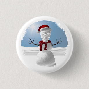 Funny skull-head snowman 1 inch round button