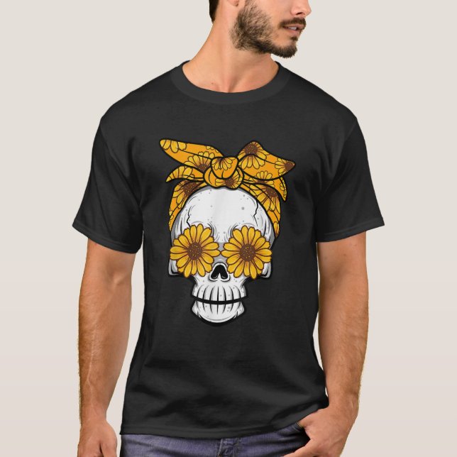 Funny Skull Lover Sunflower Floral Flowers Gift Fo T-Shirt (Front)