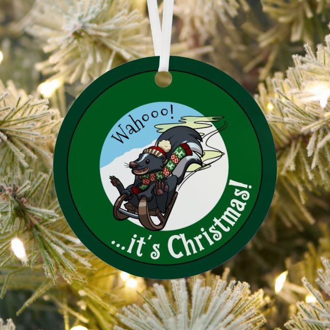 Funny Skunk On A Sled It's Christmas! Cartoon Metal Ornament (Insitu)
