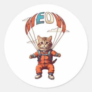Funny Skydiving Cat Classic Round Sticker
