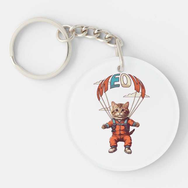Funny Skydiving Cat Keychain (Front)