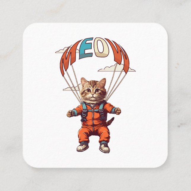 Funny Skydiving Cat Square Business Card (Back)