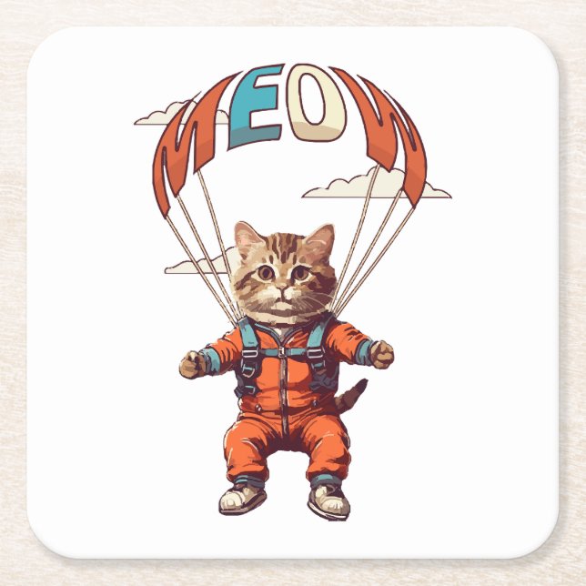 Funny Skydiving Cat Square Paper Coaster (Front)