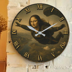 Funny Skydiving Mona Lisa Parachute Skydiver Gift Large Clock