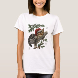 Funny Sleeping Christmas Cat with Santa Hat T-Shirt