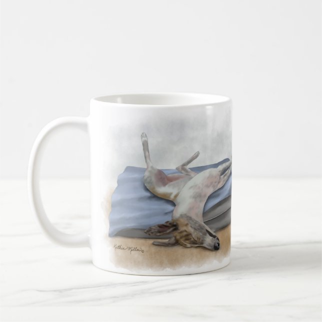 Funny Sleeping Greyhound Cartoon Coffee Mug (Left)