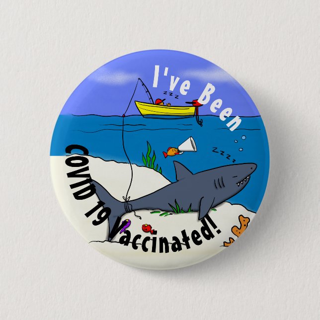 Funny sleeping shark and fishing cartoon 2 inch round button (Front)