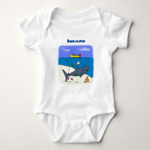 Funny sleeping shark and fishing cartoon baby bodysuit