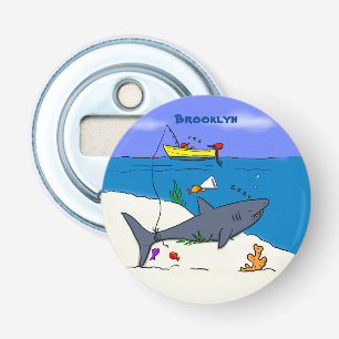 Funny sleeping shark and fishing cartoon bottle opener