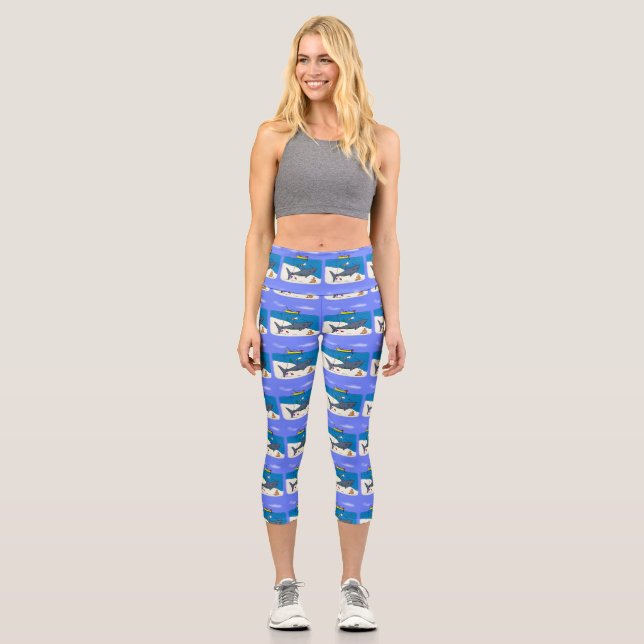 Funny sleeping shark and fishing cartoon capri leggings (Front)