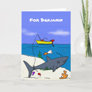 Funny sleeping shark and fishing cartoon card