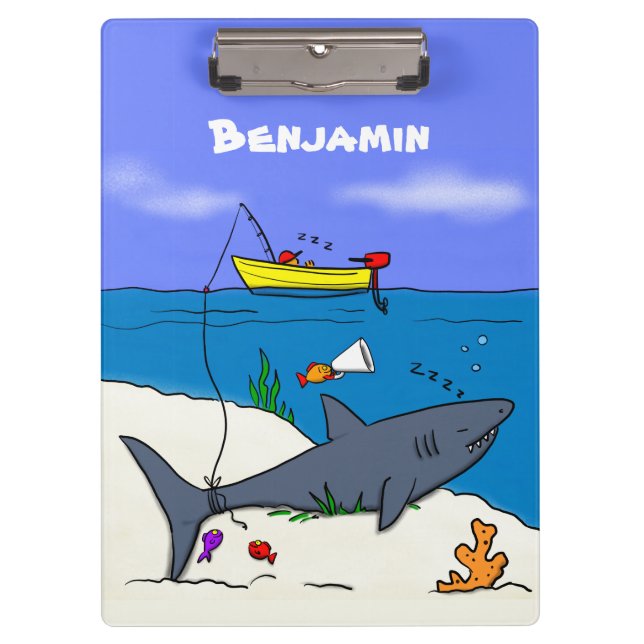 Funny sleeping shark and fishing cartoon clipboard (Front)
