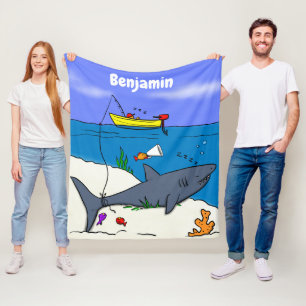 Funny sleeping shark and fishing cartoon fleece blanket