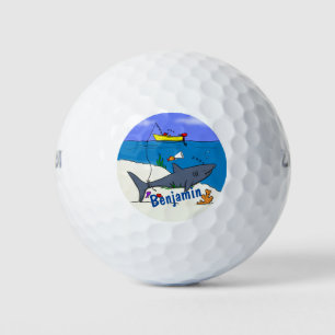 Funny sleeping shark and fishing cartoon golf balls
