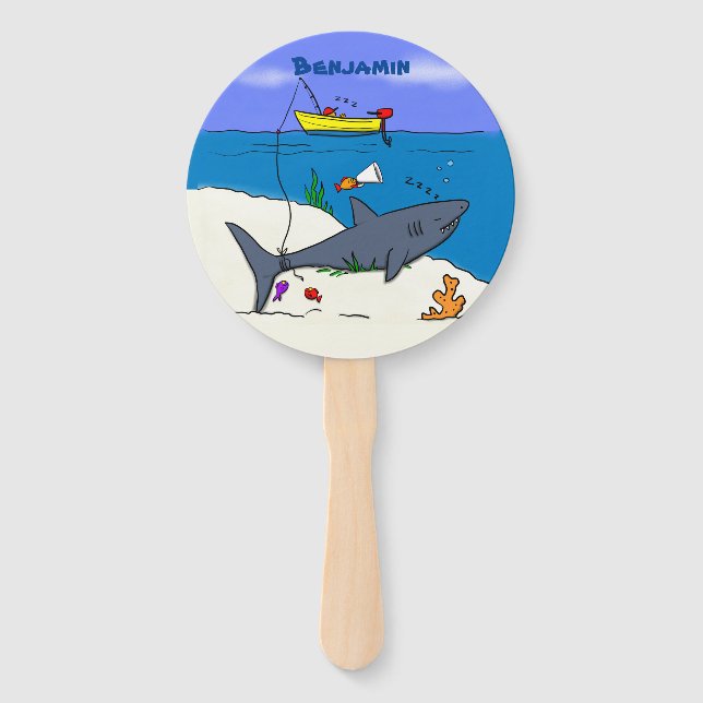 Funny sleeping shark and fishing cartoon hand fan (Front)