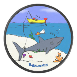 Funny sleeping shark and fishing cartoon hockey puck