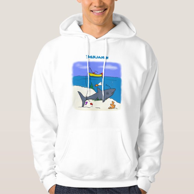 Funny sleeping shark and fishing cartoon hoodie (Front)