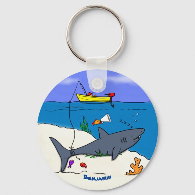 Funny sleeping shark and fishing cartoon keychain (Front)