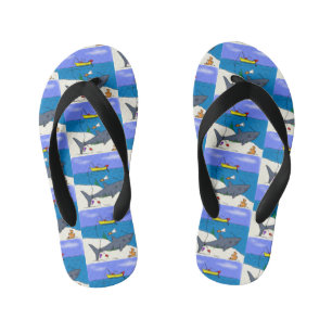 Funny sleeping shark and fishing cartoon kid's flip flops