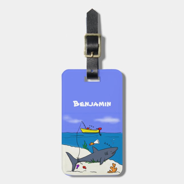 Funny sleeping shark and fishing cartoon luggage tag (Front Vertical)