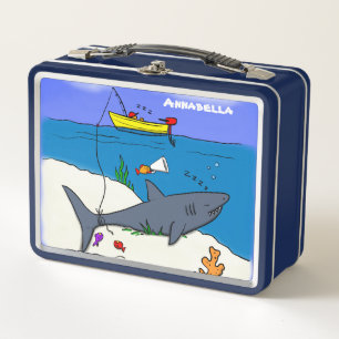 Funny sleeping shark and fishing cartoon metal lunch box