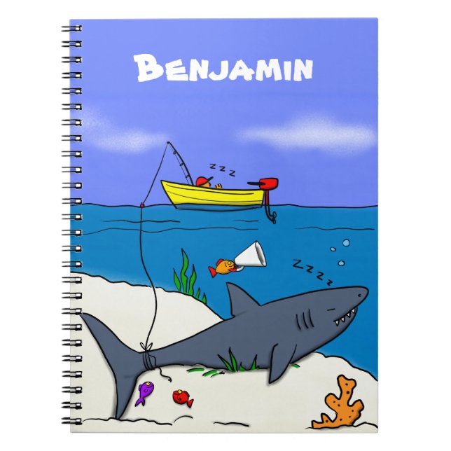 Funny sleeping shark and fishing cartoon notebook (Front)