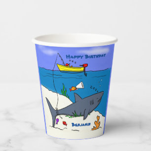 Funny sleeping shark and fishing cartoon paper cups