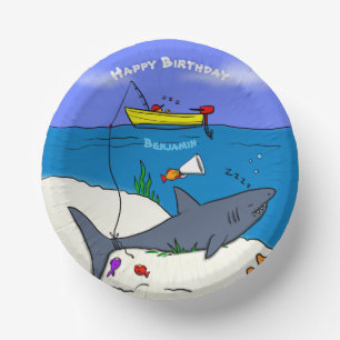 Funny sleeping shark and fishing cartoon paper plate