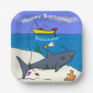 Funny sleeping shark and fishing cartoon paper plate